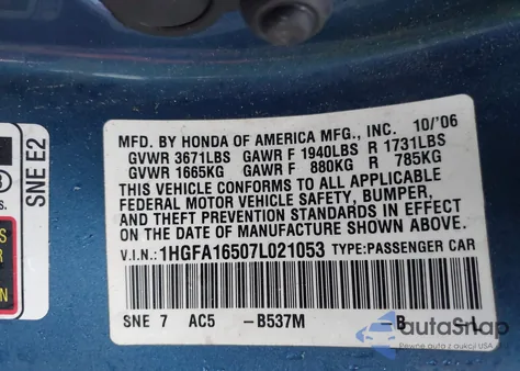 2007 Honda Civic Lx z USA, uszkodzony, nr VIN 1HGFA16507L021053